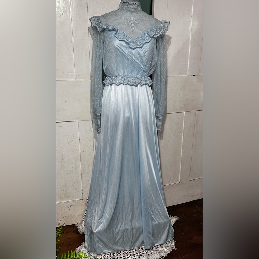 Vintage 1970s Eve of Milady Poly Satin Gown + Lacy Net Over-blouse Victorian